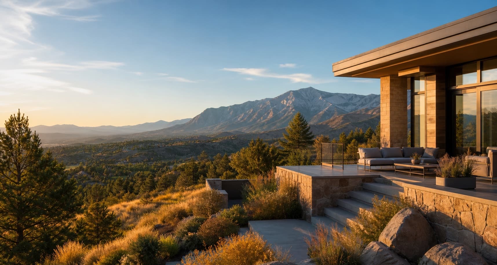 Colorado Front Range residential landscape at golden hour